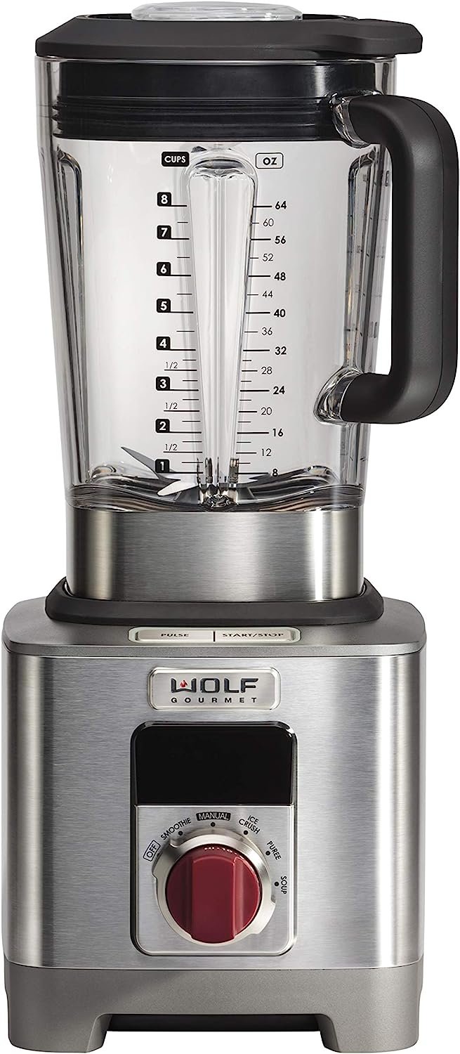 Wolf Gourmet High-Performance Blender, 64 oz Jar, 4 program settings, 12.5 AMPS, Blends Food, Shakes and Smoothies, Red Knob, Stainless Steel (WGBL100S)