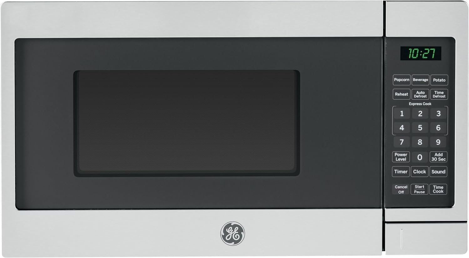 GE Countertop Microwave Oven, Compact 0.7 Cubic Ft., 700-watt Capacity, 6 Auto Cooking Settings, Kitchen Essentials for the Countertop, Dorm Room or Apartment, Stainless Steel