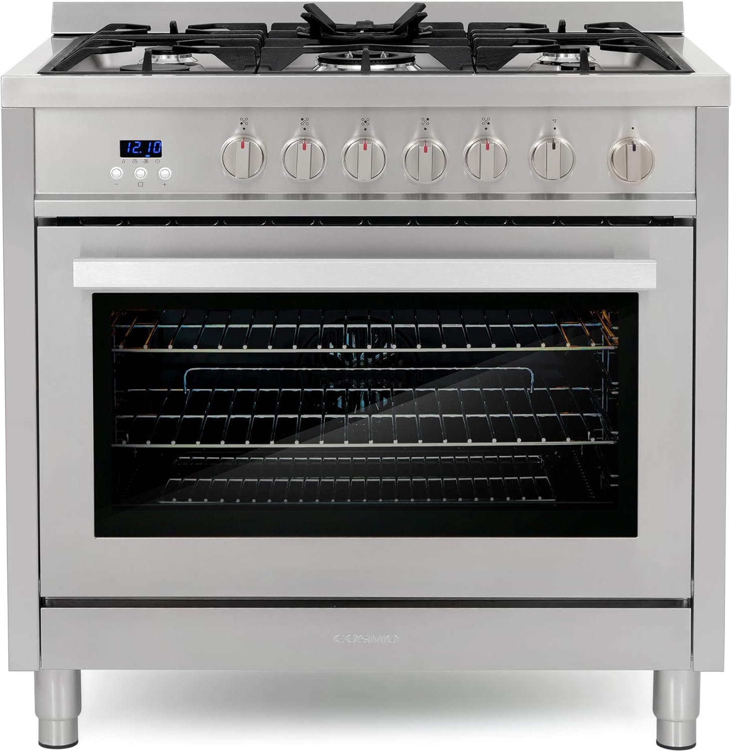 COSMO COS-965AGFC 36 in. Gas Range with 5 Burner Cooktop, 3.8 cu. ft. Capacity Rapid Convection Oven with 5 Functions, Heavy Duty Cast Iron Grates in Stainless Steel