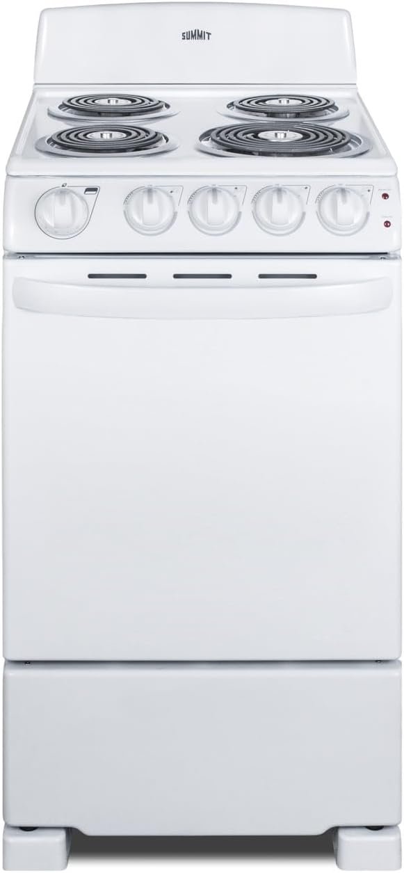 Summit Appliance RE203W 20" Wide Electric Coil Range, 4-Burner, Porcelain Interior, Chrome Drip Pans (White, 20-Inch)