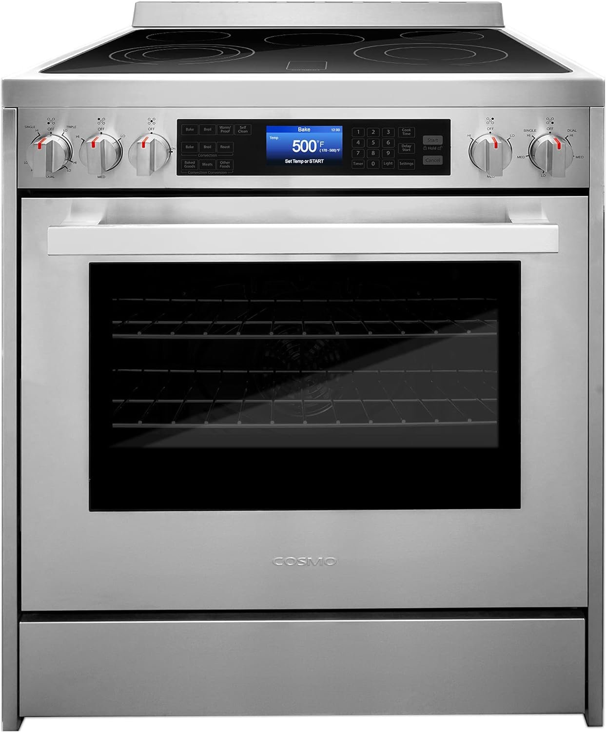 COSMO COS-305AERC Commercial-Style Electric Range with 4 Burners / 1 Warming Zone and 5 cu. ft. Capacity Oven with 7 Functions, Turbo True European Convection, 30 inch, Stainless Steel