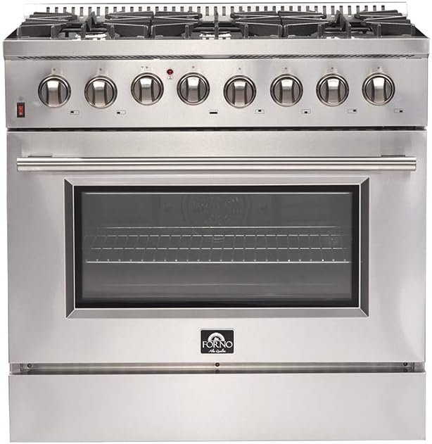 FORNO Galiano Dual Fuel 36" Inch. Freestanding Range 6 Sealed Brass Burners Cooktop - 5.36 Cu. Ft. Convection Electric Oven - Stainless Steel Stove Range Heavy Duty Cast Iron Grates