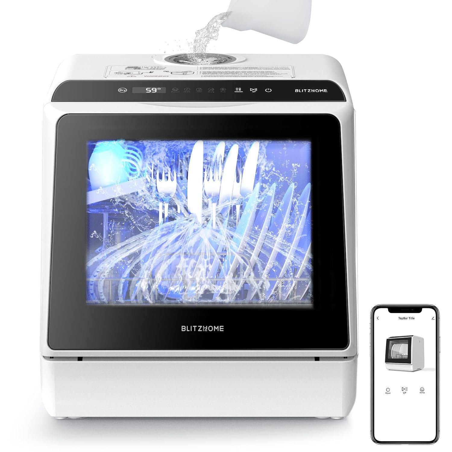 BLITZHOME Portable Dishwasher Countertop, WIFI Smart Dishwasher, Compact Dishwashers with 5L Built-in Water Tank, 6 Programs, 360° Dual Spray, High-Temp& Air-Dry Function, Fruit Cleaning