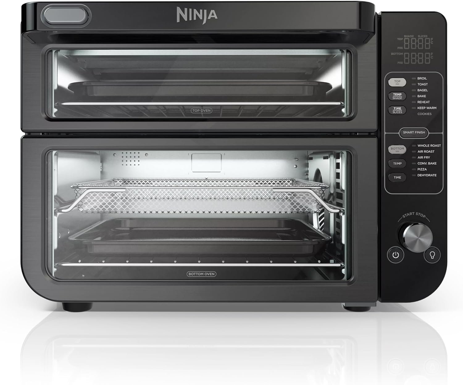 Ninja DCT402BK 13-in-1 Double Oven with FlexDoor, FlavorSeal & Smart Finish, Rapid Top Oven, Convection and Air Fry Bottom Bake, Roast, Toast, Fry, Pizza More, Black