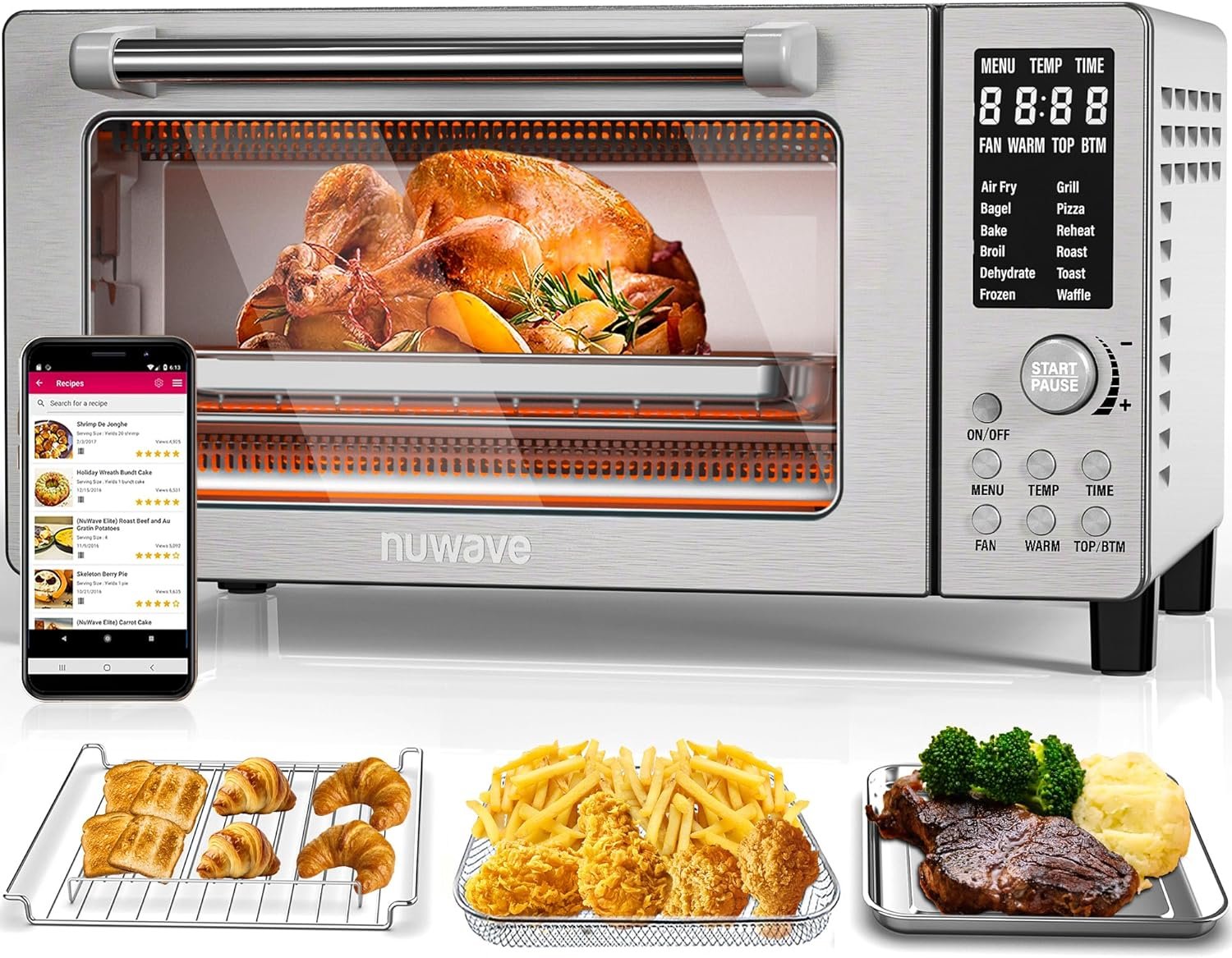 Nuwave Bravo Air Fryer Toaster Smart Oven, 12-in-1 Countertop Convection, 1800 Watts, 21-Qt Capacity, 50°-450°F Temp Controls, Top and Bottom Heater Adjustments 0%-100%, PFAS Free, Stainless Steel