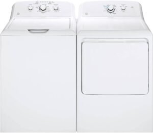 GE GTW335PR White Top Load Washer/Dryer Pair: Efficient & Hygienic Laundry Solution