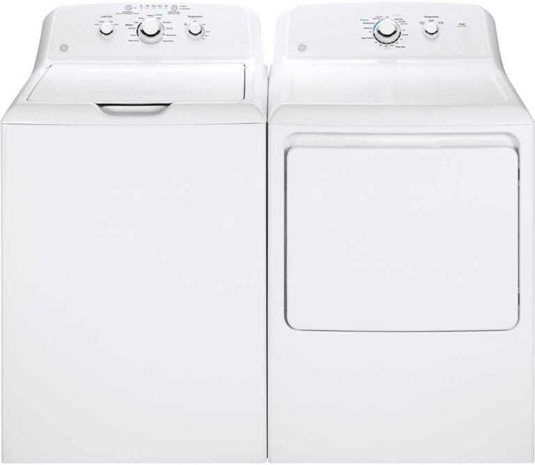 GE GTW335PR White Top Load Washer/Dryer Pair: Efficient & Hygienic Laundry Solution
