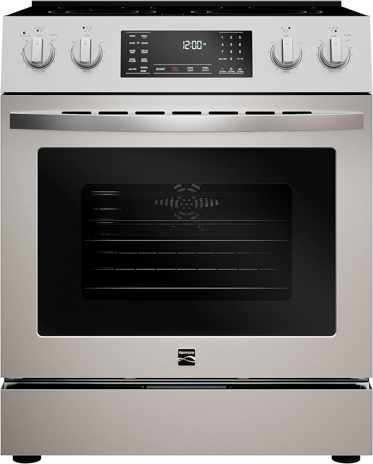 Kenmore Front Control Electric Range Oven with 5 Cooktop Elements with 7 Cooking Power Options, True Convection, Steam and Self Clean, Freestanding Oven, 4.8 cu. ft. Capacity Stainless Steel