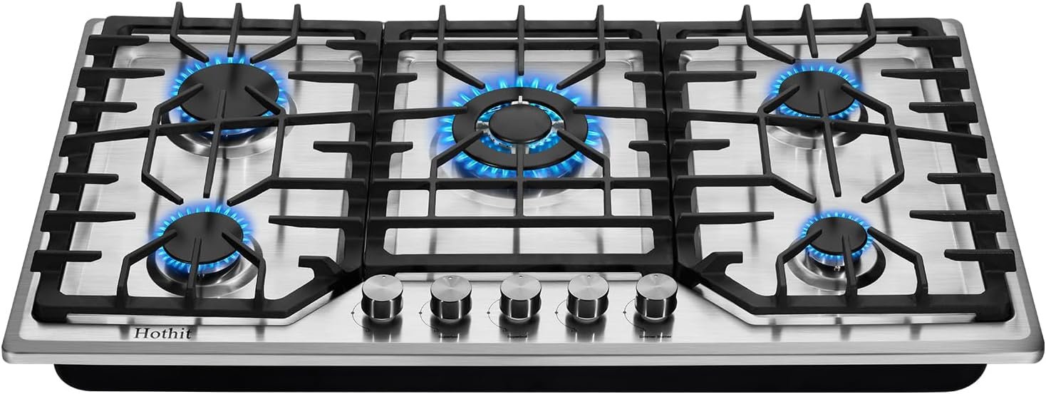 5 Burners 36 inch Gas Cooktop, Stainless Steel Gas Range Top, Gas Cooker Stove Propane Gas/Natural Gas Convertible AHT36IN10S-SD