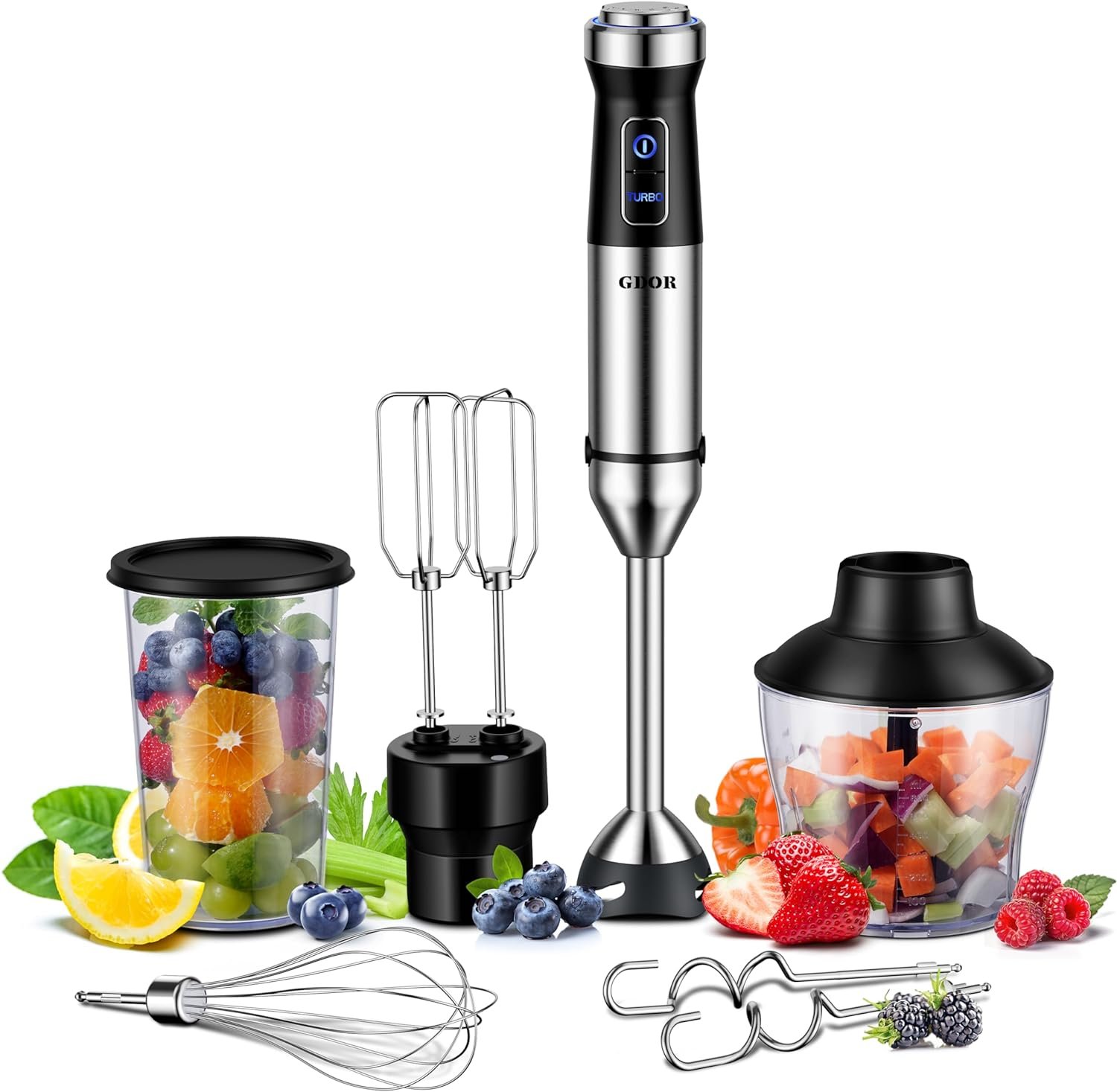 GDOR 6-in-1 Immersion Hand Blender, 1000W Scratch Resistance Handheld Blender with 20-Speed & Turbo Mode, Powerful Hand Mixer with Dough Hooks, Egg Beaters, Whisk, Beaker, Chopper and Titanium Blades