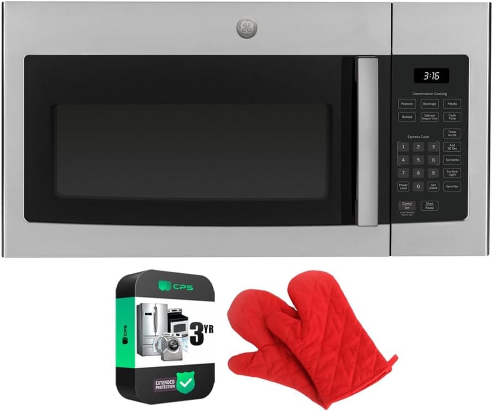 GE JVM3160RFSS 1.6 Cu. Ft. Over-the-Range Microwave Oven Stainless Steel Bundle with Deco Chef Pair of Red Heat Resistant Oven Mitt and 3 YR CPS Enhanced Protection Pack