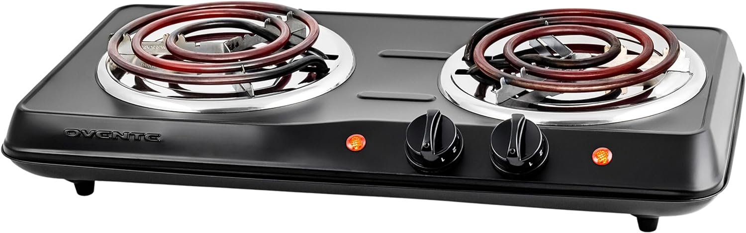 OVENTE Electric Countertop Double Burner, 1700W Cooktop with 6" and 5.75" Stainless Steel Coil Hot Plates, 5 Level Temperature Control, Indicator Lights and Easy to Clean Cooking Stove, Black BGC102B