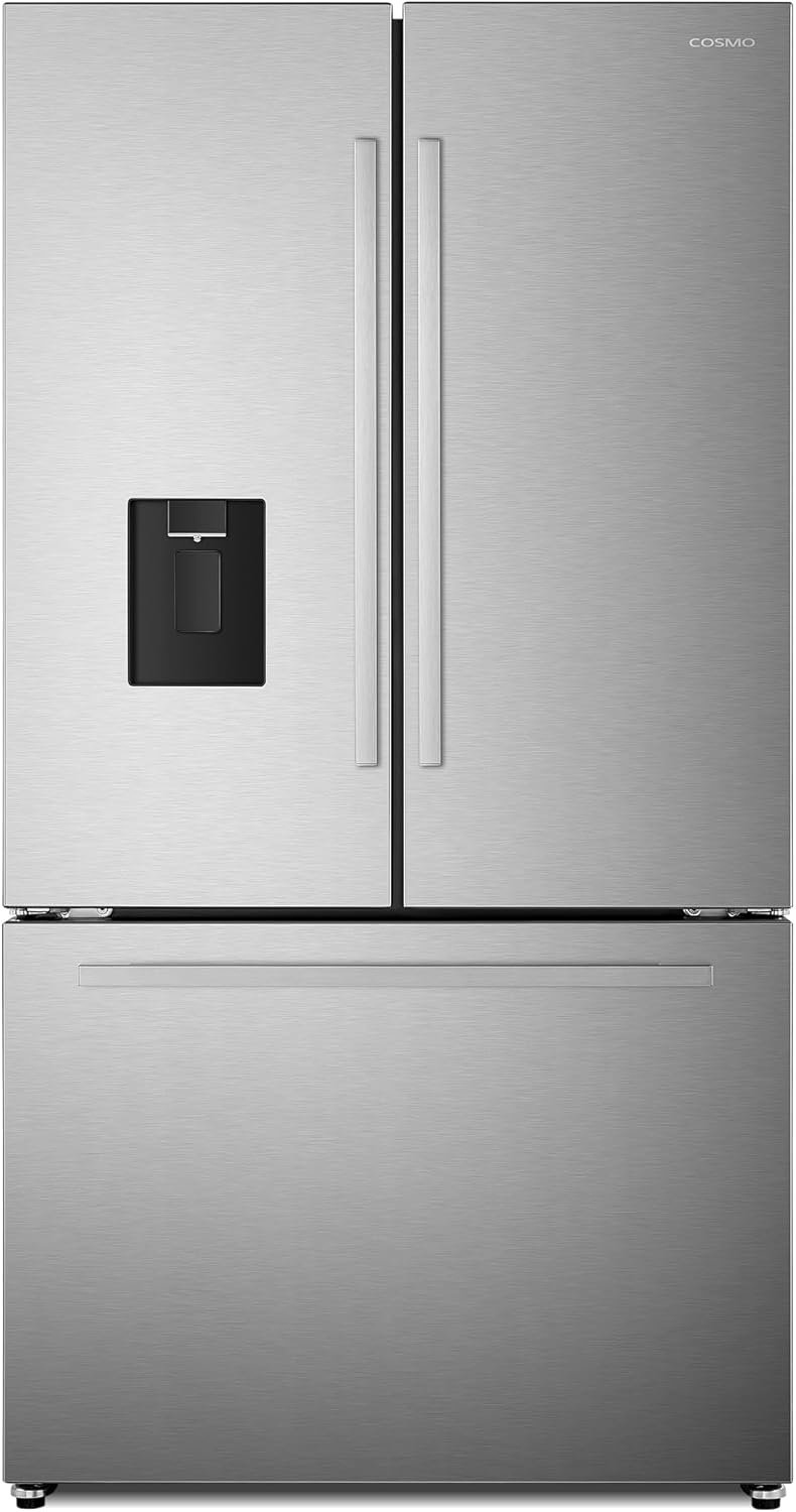 COSMO COS-FDR223GWSS 36 in. 3 French Door Refrigerator with Water Dispenser and Automatic Ice Maker in Stainless Steel, Counter Depth
