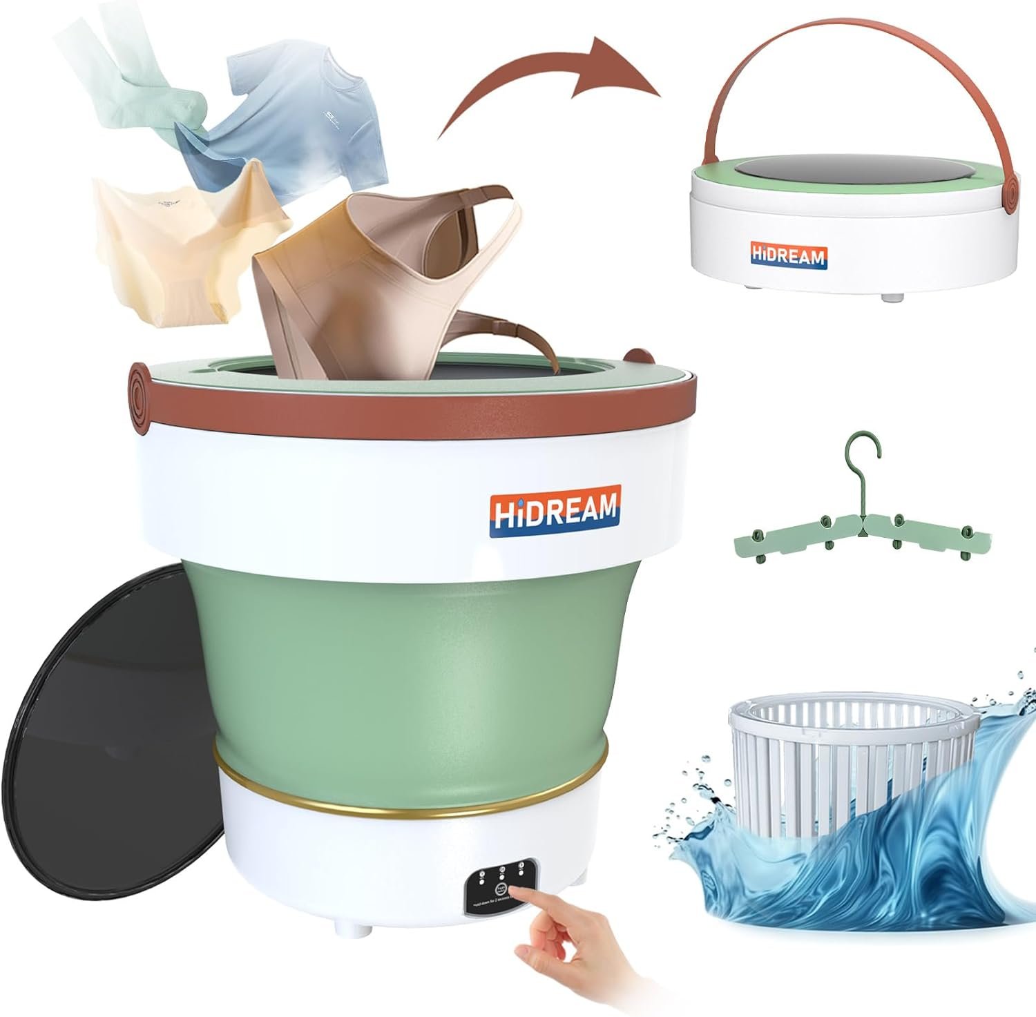 Portable Mini Washing Machine,Small Washer for RV,Travel,Dorm,Apartment; Portable washer with Upgraded Capacity(9L) and Round Body for Underwear,Baby Clothes,Pet Garments or Other Small Items.Green