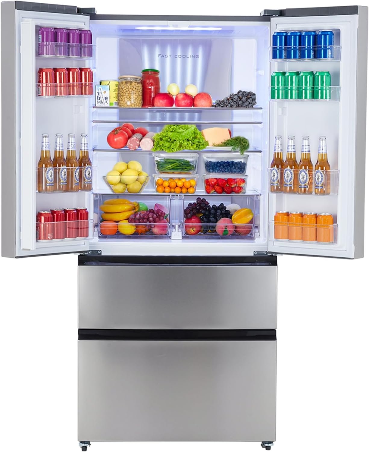 French Door Refrigerator, 18.8 Cu.Ft. Counter Depth Stainless Steel Refrigerators, 4 Door Fridges Full Size Bottom Freezer Kitchen Fridge, Automatic Defrost, Dual Ice Maker, LED Lighting