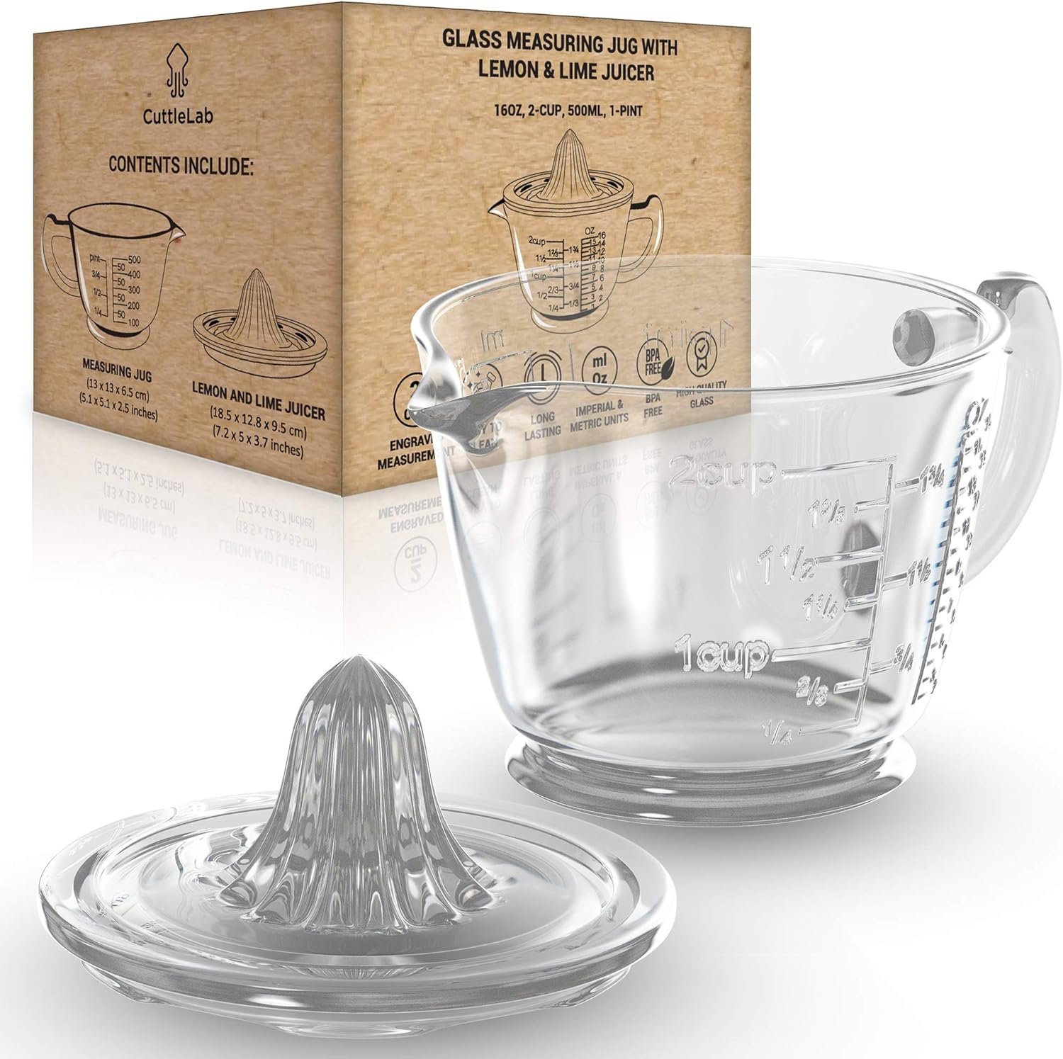 Glass 2-Cup Juicer (Clear) - Lemon and Lime Manual Squeezer, Citrus Reamer