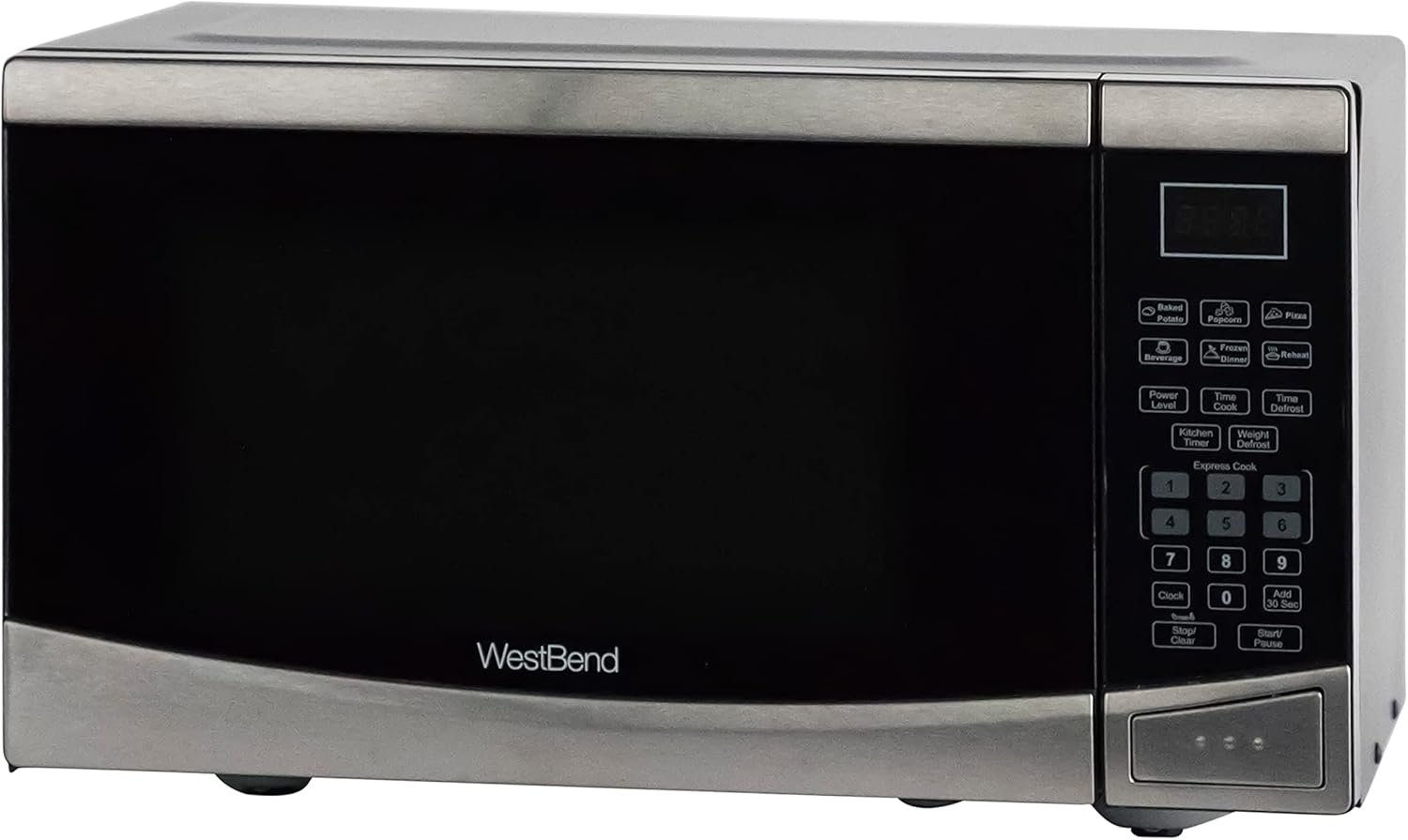 West Bend Microwave Oven 900-Watts Compact with 10 Power Levels and 6 Pre Cooking Settings, Speed Defrost, Electronic Control Panel and Glass Turntable, 0.9-Cu.Ft., Stainless Steel