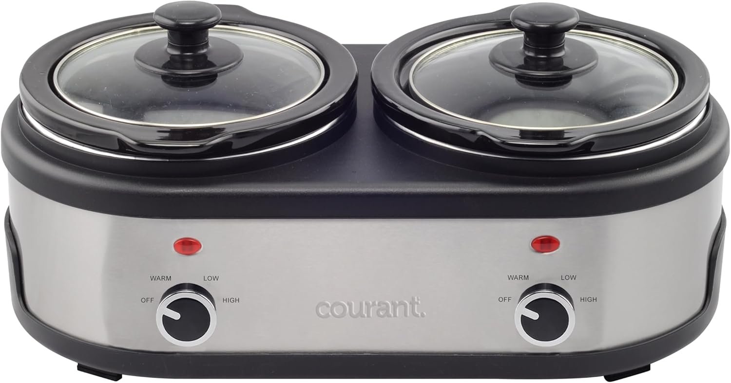 Courant 3.2-Quart Double Slow Cooker(1.6-Qt each) w/Warm Settings, Stainproof Stoneware Pots and Glass Lids – StainlessSteel