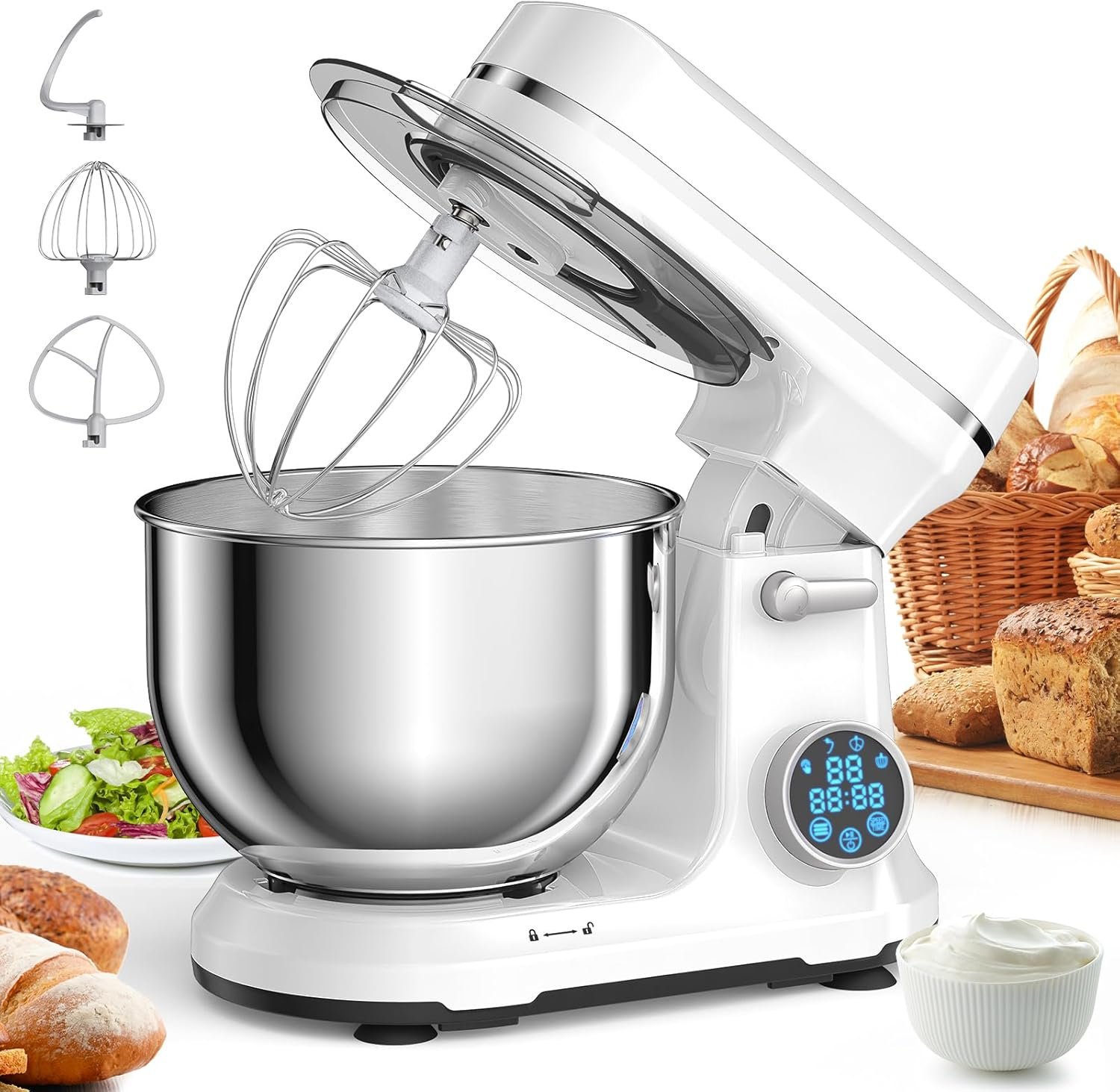 BioloMix Stand Mixer, 1200W DC Motor 11 Speed Tilt Head Food Mixer, Digital OLED Screen, Kitchen Electric Food Stand Mixer with Dough Hook, Flat Beater, Whisk, (White)