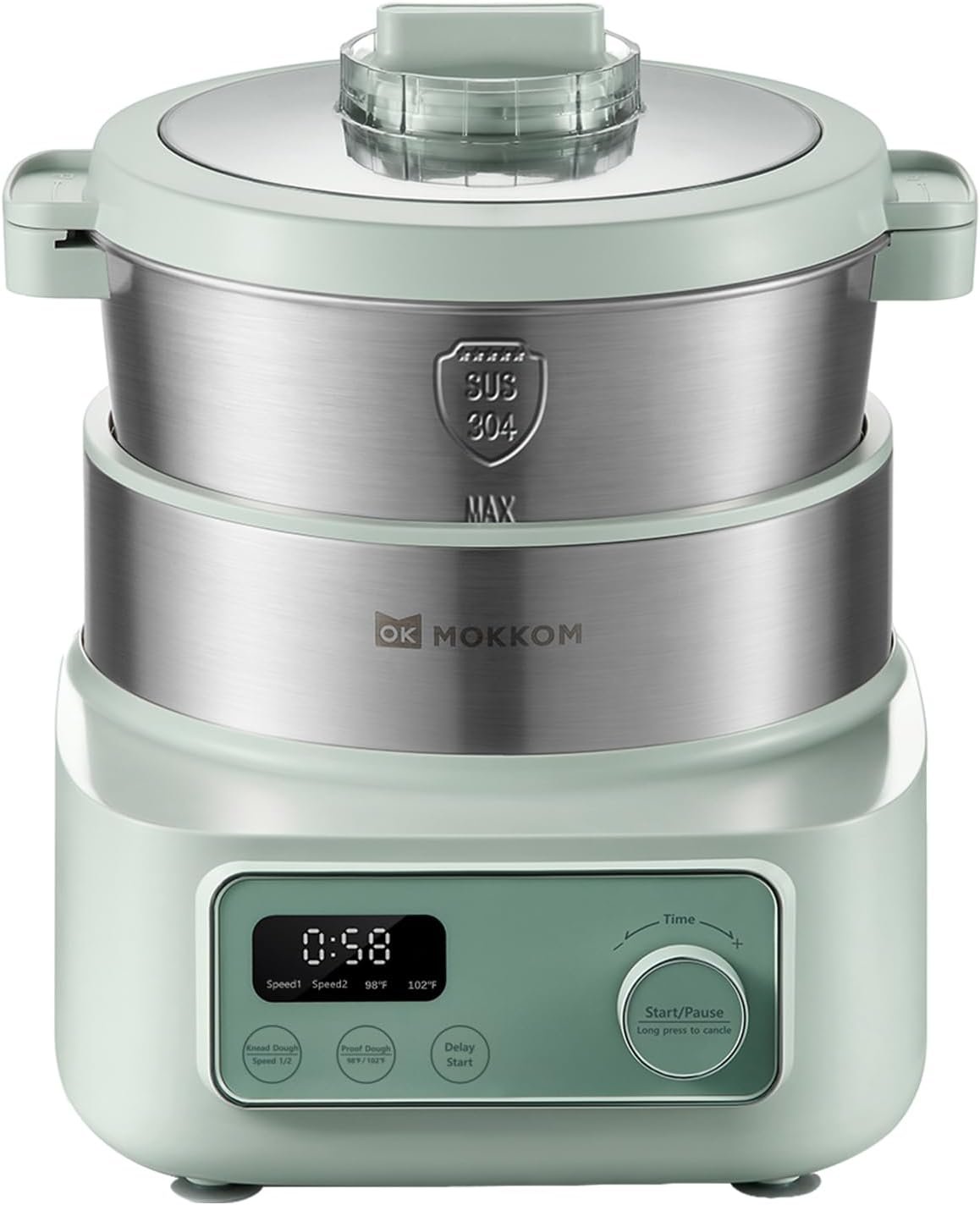 MOKKOM Electric Dough Maker with Proof Dough Function, Microcomputer Timing, 6.34Qt 304 Stainless Steel Bowl, Household Dough Maker Kitchen Flour Kneading Machine, Green