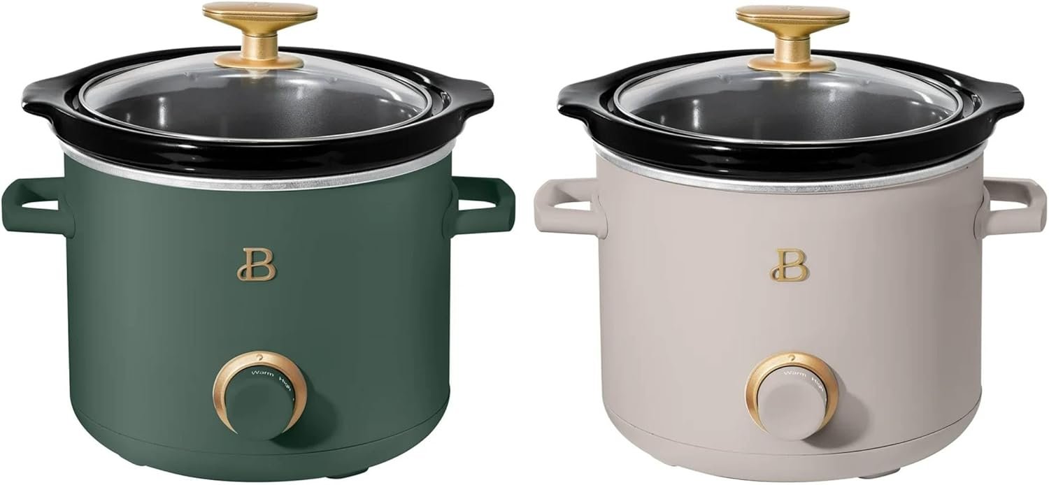 Beautiful 2 Pack Slow Cooker Crock Set- 2 Quart, Thyme Green/Porcini Taupe (120 Watts) with Adjustable Heat settings-Kitchenware by Drew Barrymore