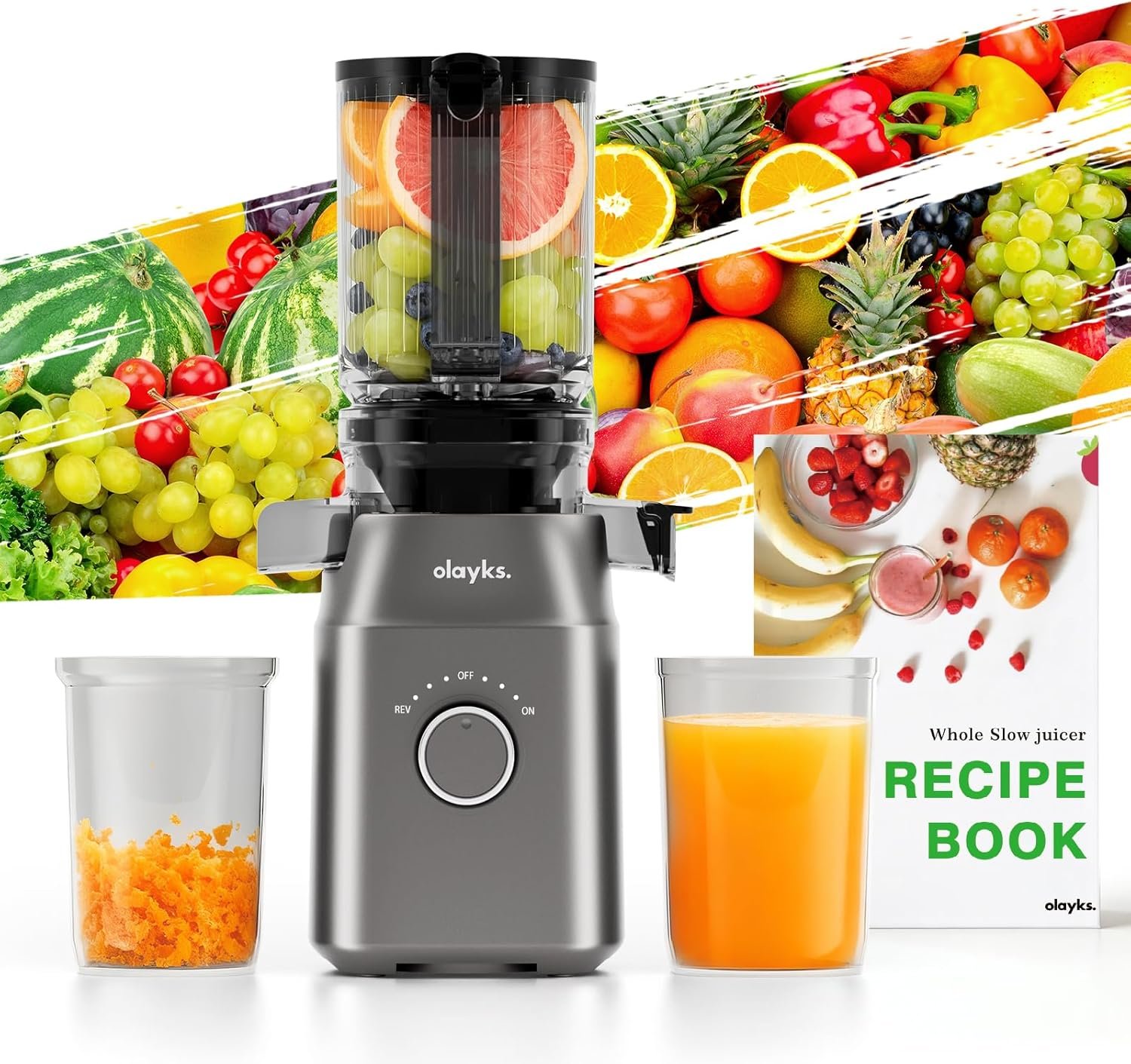 Juicer Machines, High Juice Yield Cold Press Juicer for Fruit and Vegetable, Masticating Machine with Juice Recipe, Self Feeding Effortless for Batch Juicing,Easy to Clean,Grey