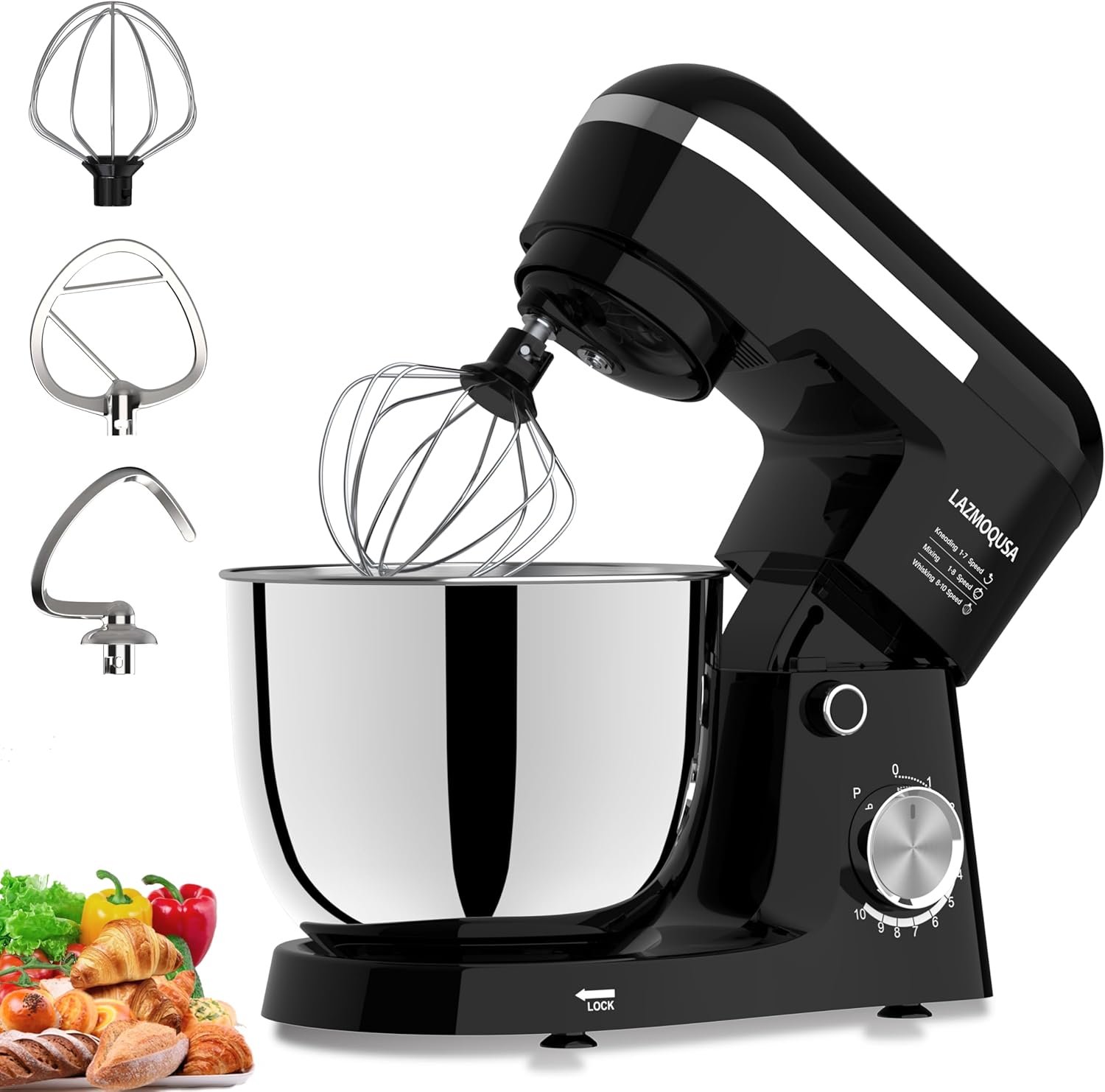 3 in 1 Electric Stand Mixer with 5.5 Quart Bowl, Household Food Mixer 10+p Speeds, Kitchen Tilt-Head Bread Dough and Cake Mixers for Home Daily Use (Black)