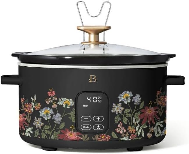 Beautiful 6~Quart Programmable Slow Cooker, Wildflower Black~Sesame by Drew Barrymore,Touch-activated display,Dishwasher Safe Removable Ceramic Pot And Tempered Glass Lid.