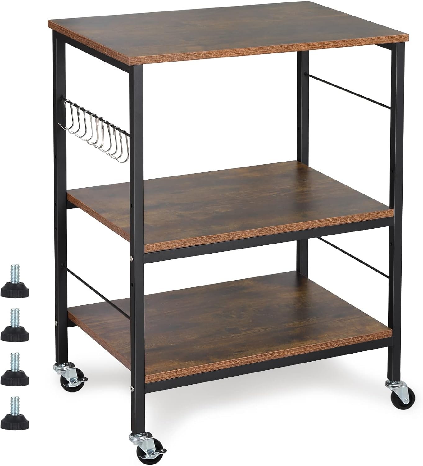 BTY Nightstands, Industrial Microwave Oven Stand Kitchen Baker's Rack End Table 3 Tier Storage Shelf with 10 Hooks for Living Room, Kitchen, Bathroom, Cafe Rustic Brown