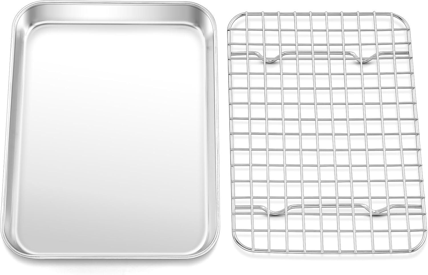 TeamFar Toaster Oven Pan with Rack Set, 9’’ x 7’’ x 1’’ Stainless Steel Compact Toaster Oven Small Baking Pan Tray with Mini Cooling Grid Rack, Healthy & Heavy-Duty, Dishwasher & Oven Safe, 2pcs