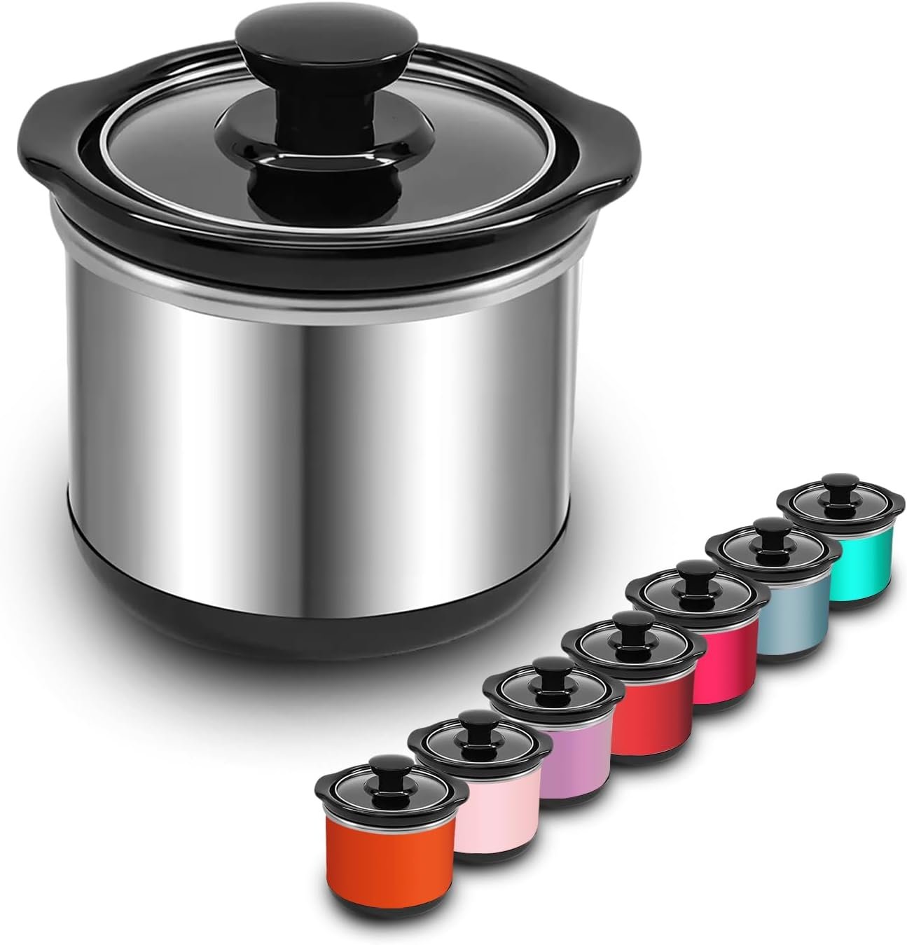 Mini Slow Cooker, 0.65 Qt Capacity small slow cooker, Ceramic Pot, Nutrient Loss Reduction, For Sauces, Stews & Dips, Stainless Steel Exterior, Round