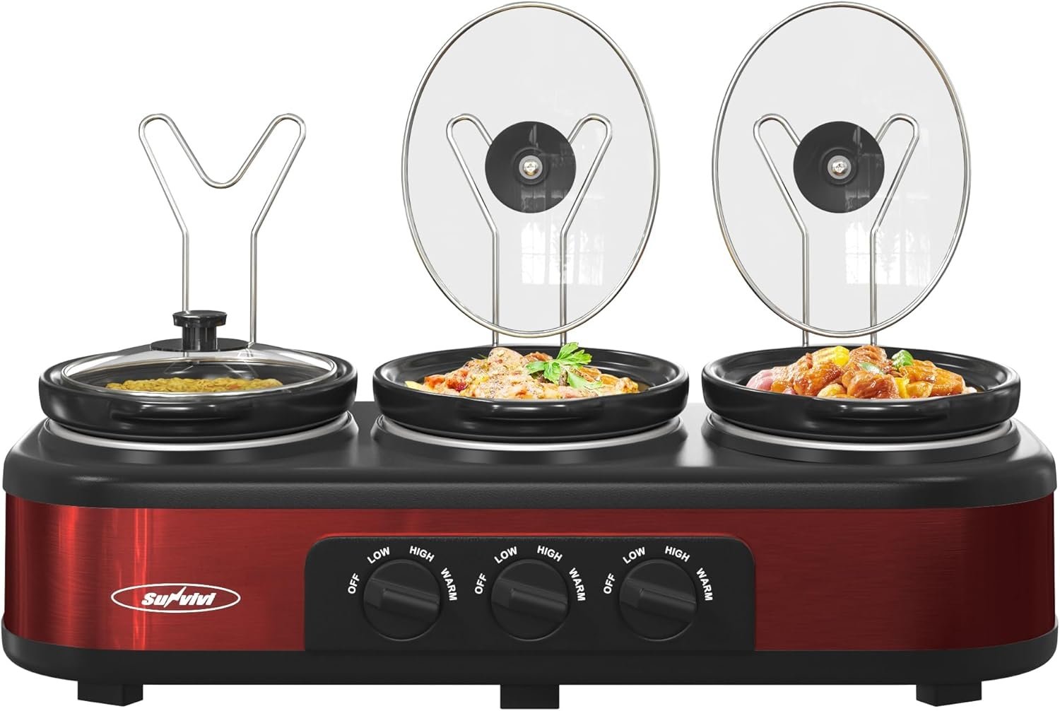 Sunvivi Triple Slow Cooker, Buffet Server & Warmer with 3 Removable Ceramic Pots, 3 Adjustable Temp Settings & 3 Metal Lid Rests, Stainless Steel, 3 * 1.5 Quarts Red