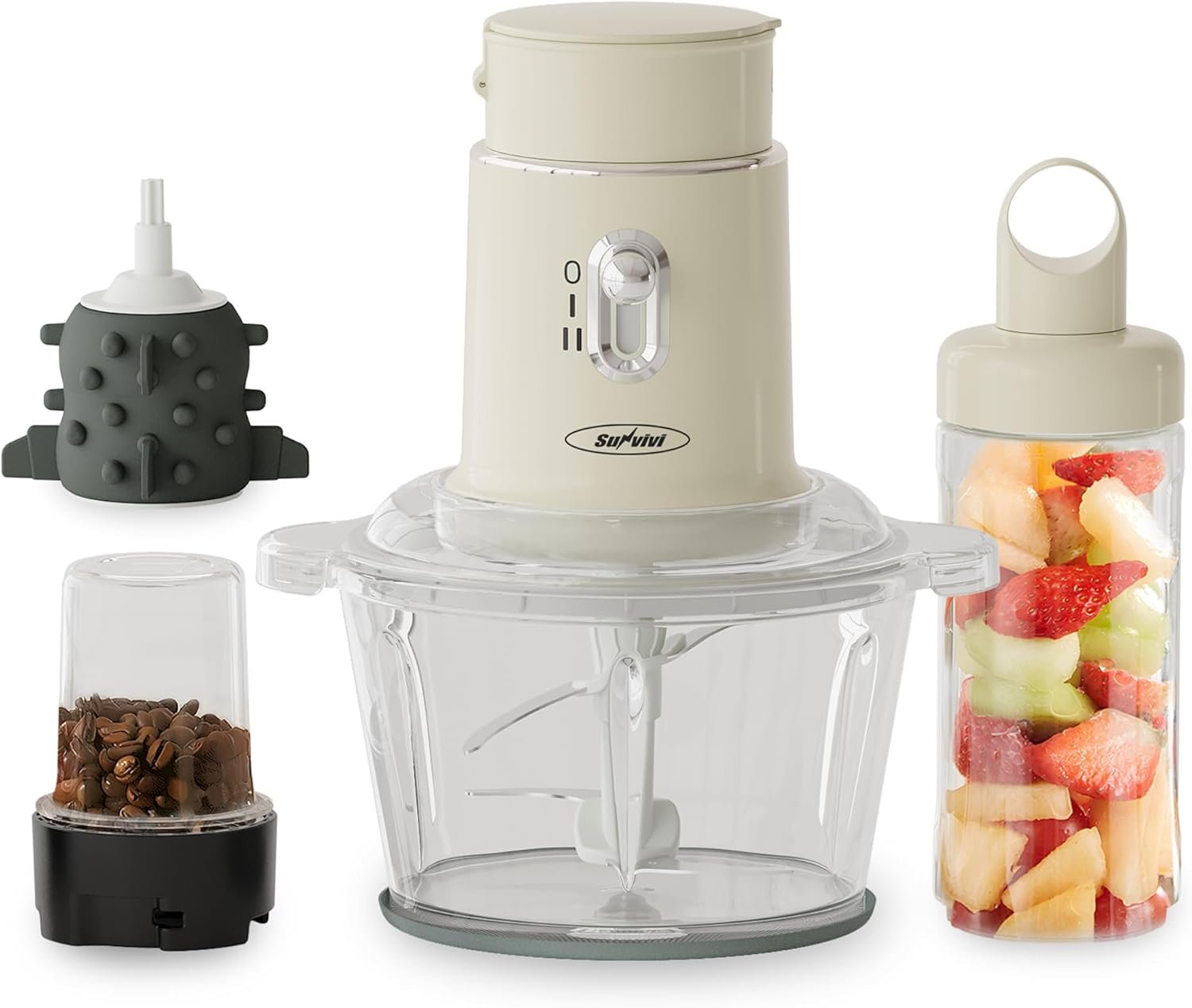 Sunvivi Blender and Food Processor, 4 Functions for for Grinding Meat, Peeling Garlic & Juicing, 2 Speed High Speed Blenders with 1.5L Glass Bowl & 2 Cups (0.4L+0.2L), Beige