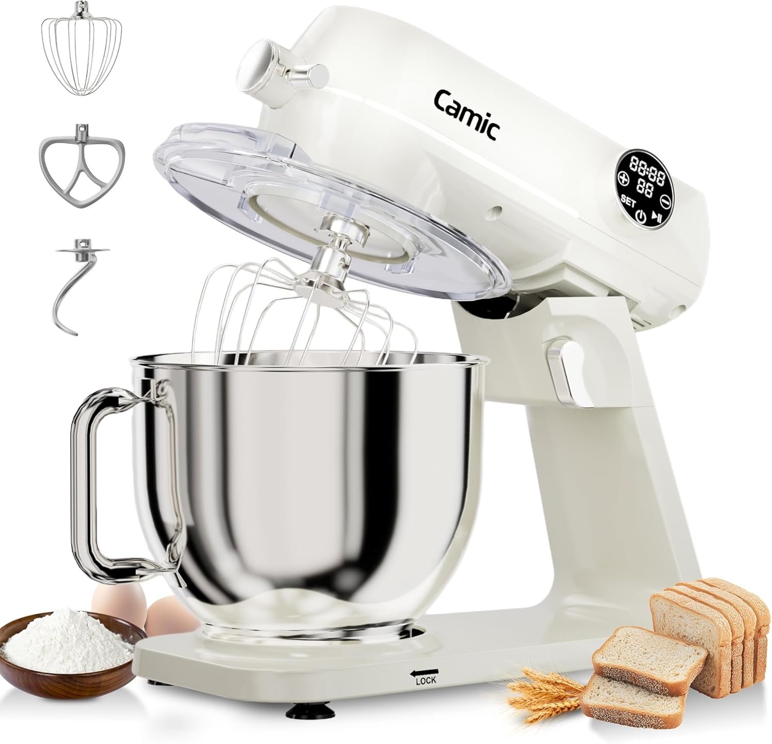 8.45 QT All Metal Stand Mixer,10 Speed Large Capacity Kitchen Mixer with Digital Timer & Tilt-Head, Electric Mixer with Whisk Dough Hook Mixing Beater for Baking,Cakes,Cookie,Bread,Salad(White)