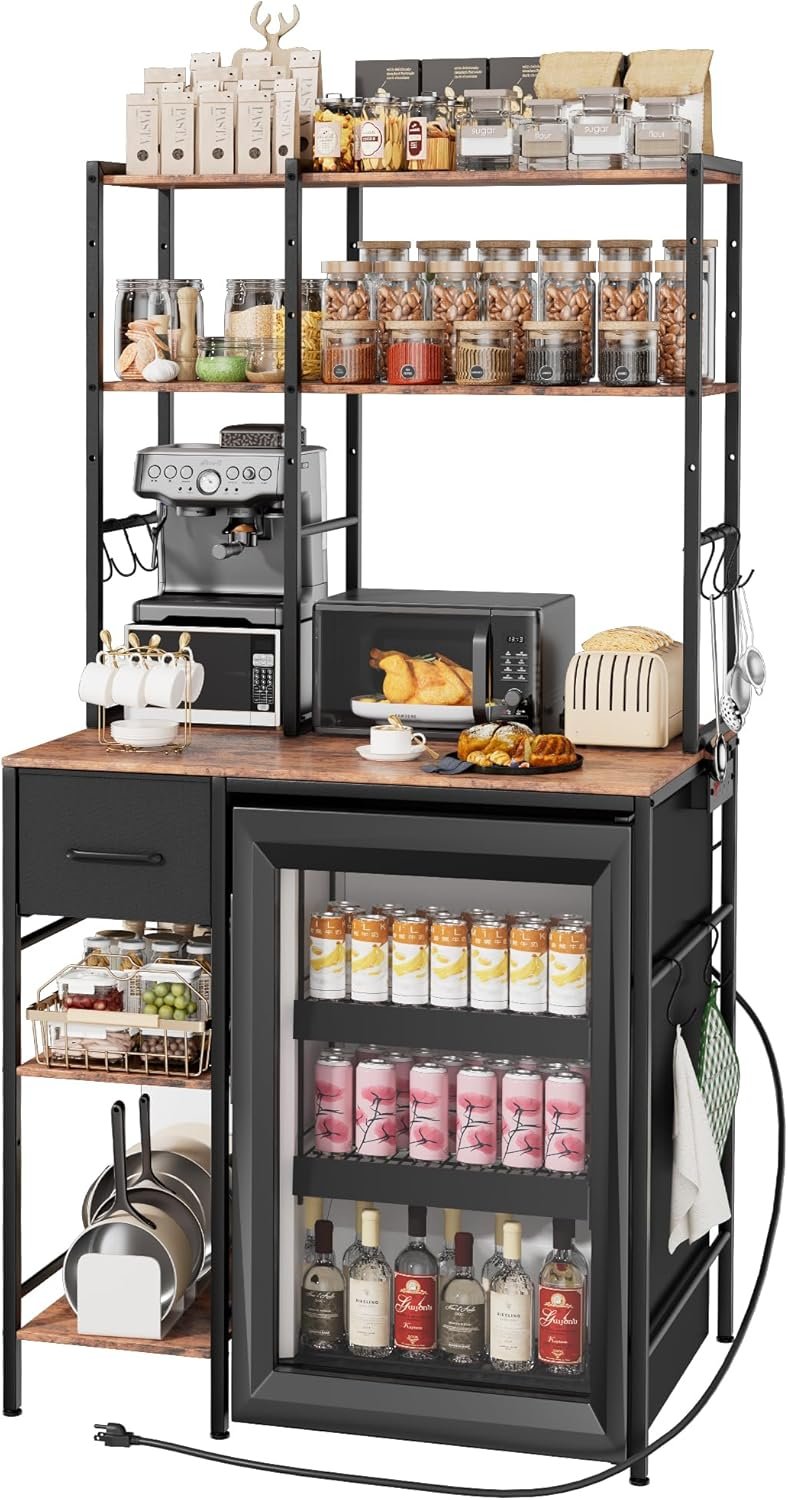 Ollieroo Kitchen Mini Fridge Stand with Storage, Microwave Oven Stand Table with Power Outlet, 34.6"x23.6"x67.7" Freestanding Coffee Bar Cabinet, Bakers Rack with Adjustable Shelves and Hooks
