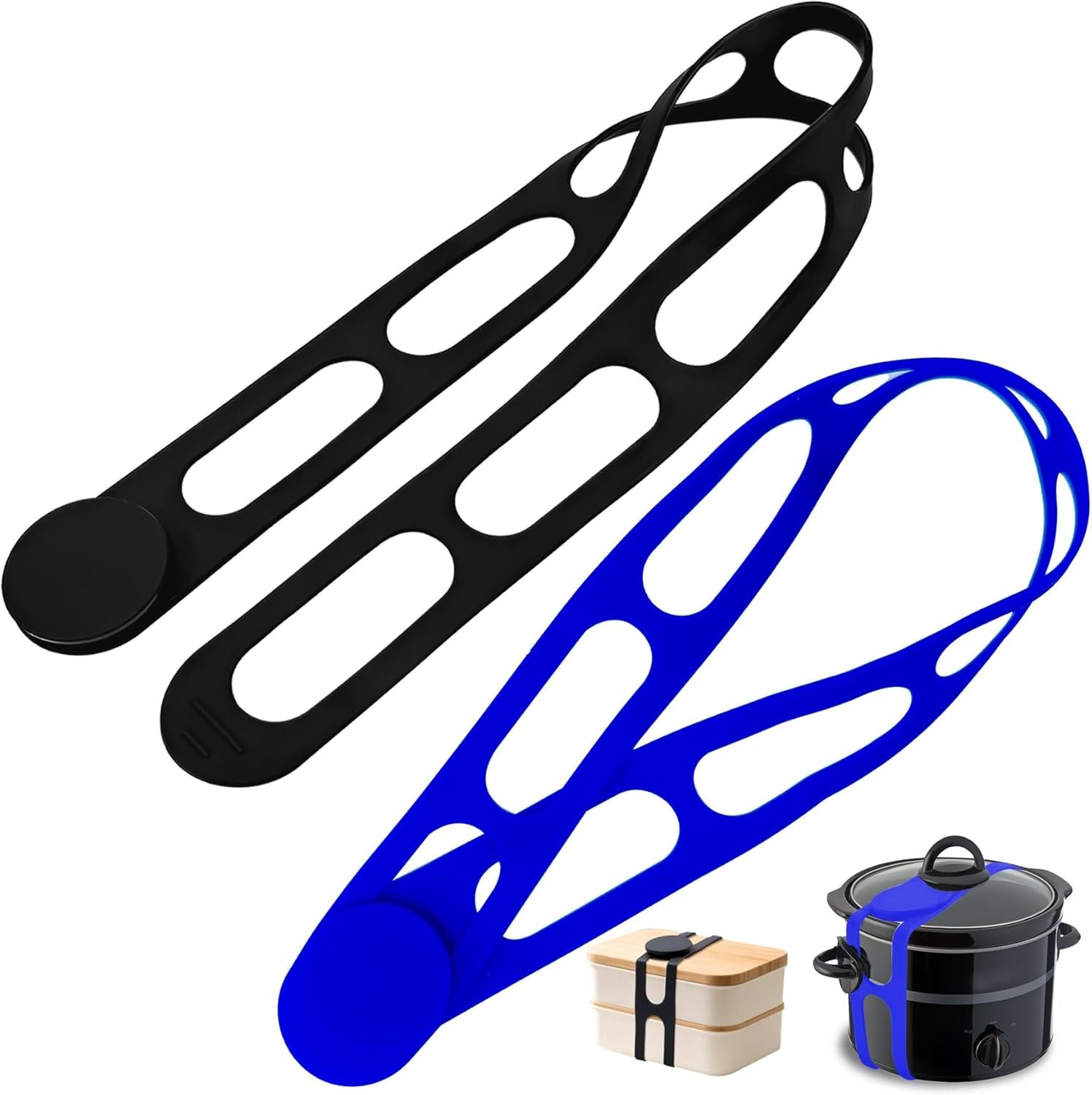 Earthtec Silicone Latch Strap for Slow Cooker Lid Pot Bento Box,Reusable Elastic Self-Lock-2pcs (Black+Blue)