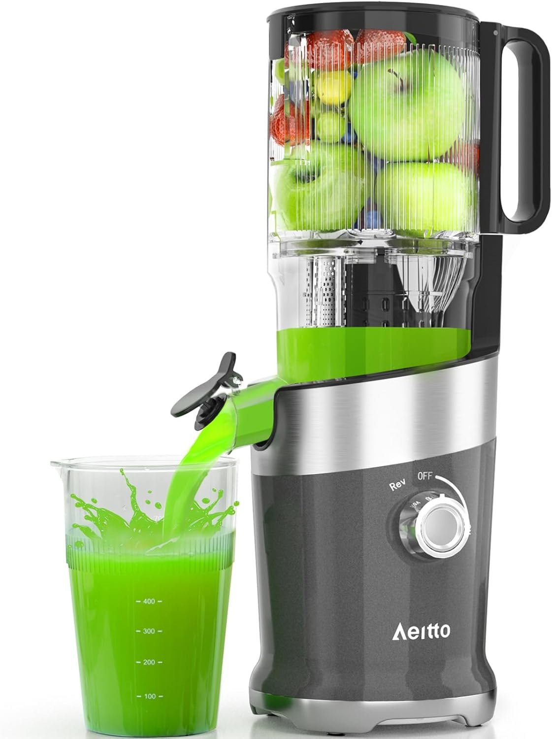 Cold Press Juicer, Aeitto Juicer Machines with Large Feed Chute, Juice Extractor Machine Easy to Clean, High Juice Yield, For Whole Vegetables and Fruits, Easy to Assemble