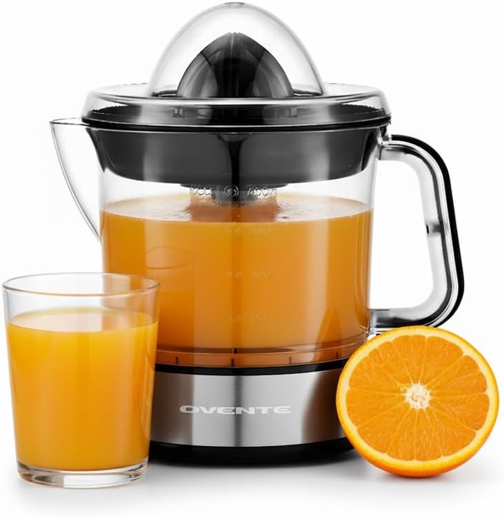 OVENTE Electric Citrus Juicer Machine with 2 Cones for Big and Small Fruit, Pressure Activated, Pulp Control and Easy Pour Spout, Juice Squeezer for Orange, Lemon, Lime or Grapefruit, Black JE2572B
