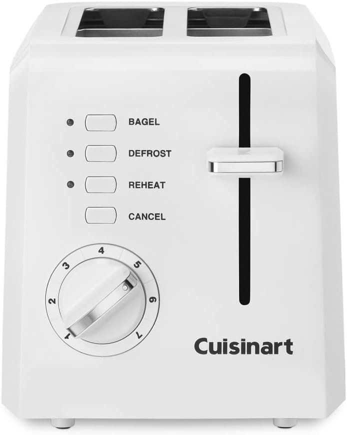 Cuisinart CPT-122 2-Slice Compact Plastic Toaster, Slots for Bagels & Bread, 7 Shade Settings, Cancel/Defrost/Reheat Functions, Removable Crumb Tray, Small Kitchen Appliance for Home & Office, White